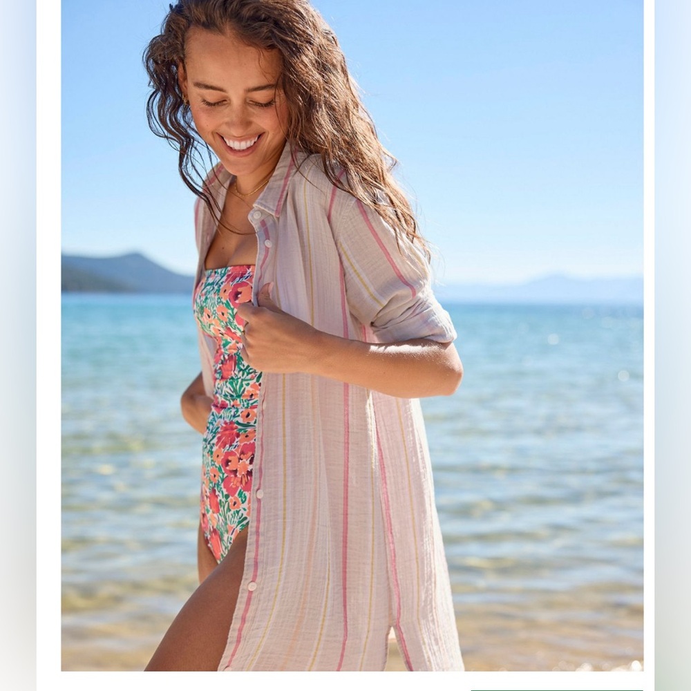 L.L.Bean Women's Cloud Gauze Cover-Up Shirt, Stripe XS Beach Pool coastal